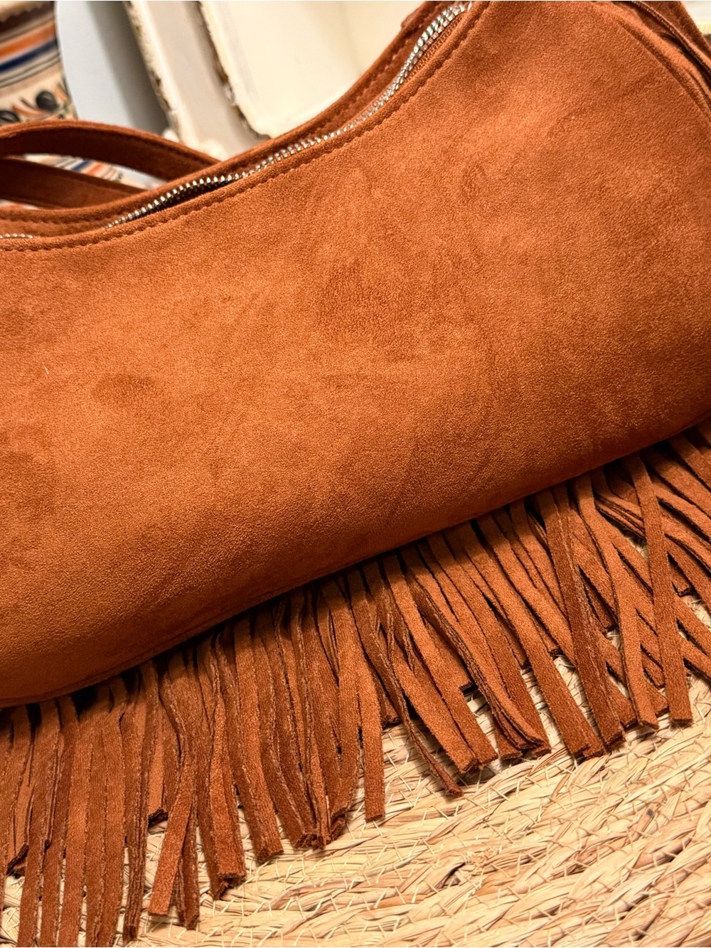 True Religion Rust Brown Suede Fringe Shoulder Bag with Studs - Picture 5 of 13